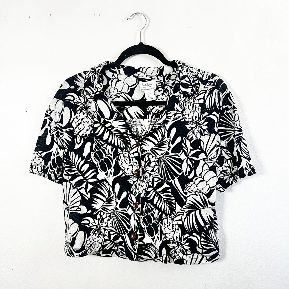 Nicole Miller‎ Linen Top Sz Small Floral Camp Shirt Boho Summer Vacation